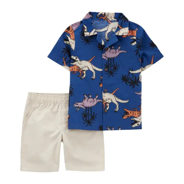 Infant Boy's 2-Piece Dinosaur Button-Front Shirt and Short Set