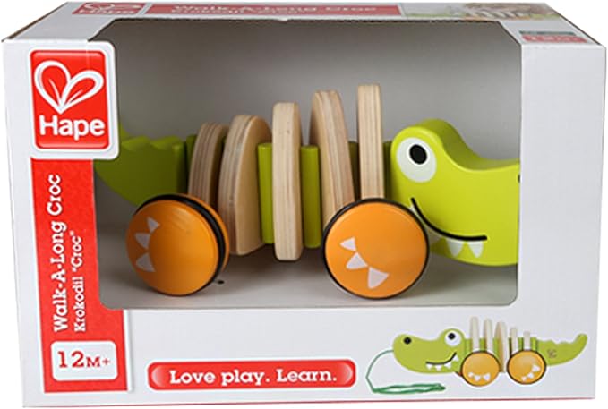 Hape Walk-A-Long Croc Toddler Wooden Pull Along Toy, L: 11.6, W: 4.3, H: 4.3 inch