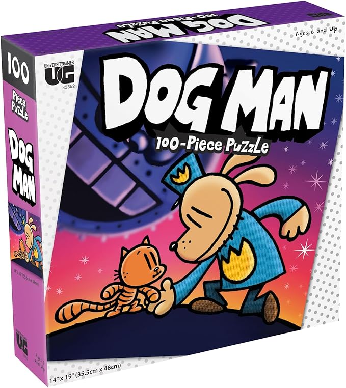 Dog Man: Grime and Punishment 100-piece jigsaw puzzle. 14 inch by 19 inch puzzle of Dav Pilkey’s famous crime fighting canine contains 100 pieces for challenging fun. Ages 6 and up.