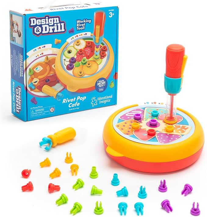 Educational Insights Design & Drill® Rivet Pop Cafe - Fine Motor Toys for Toddlers, Toddler Drill and Screw Toys, Gift for Boys and Girls Ages 3+