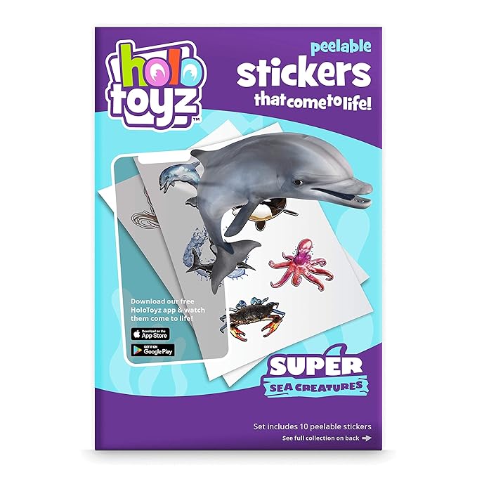 HoloToyz Super Sea Creatures Stickers for Kids - Augmented Reality 3D Toys for Boys & Girls - Use on Journals, Walls of Home/Room, Scrapbook - Multicolour - Pack of 10