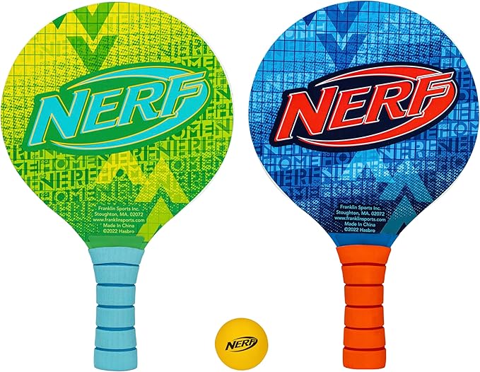 NERF Paddleball Set-Fun Paddleball Beach Game for Adults+Kids-Fun Outdoor Pool+Beach Water Sports Game-Includes(2)Wooden Paddles+(1) NERF Paddle Ball-Complete NERF Paddleball Game Set