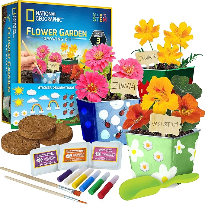 National Geographic Flower Growing Kit for Kids - Decorate 3 Pots with Paint and Stickers, Kids Gardening Set, Arts and Crafts for Kids Ages 8-12, Garden Kit for Kids, Birthday Gifts