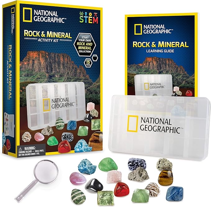 NATIONAL GEOGRAPHIC Rocks and Minerals Education Set – 15-Piece Rock Collection Starter Kit with Tiger’s Eye, Rose Quartz, Red Jasper, and More, Display Case and Identification Guide