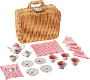 Butterfly Tea Set Basket - 23 Piece Miniature Porcelain Set with Picnic Basket - Includes Service for Four - Ages 8 and Up