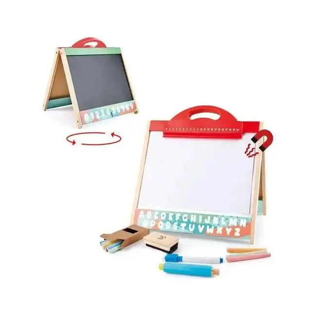 Hape Store & Go Easel Folding Double-Sided Tabletop Blackboard & Whiteboard With Chalks, Markers